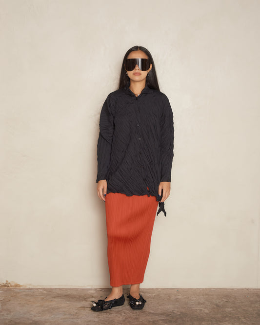 Black Whip Pleat Long Sleeve Shirt
