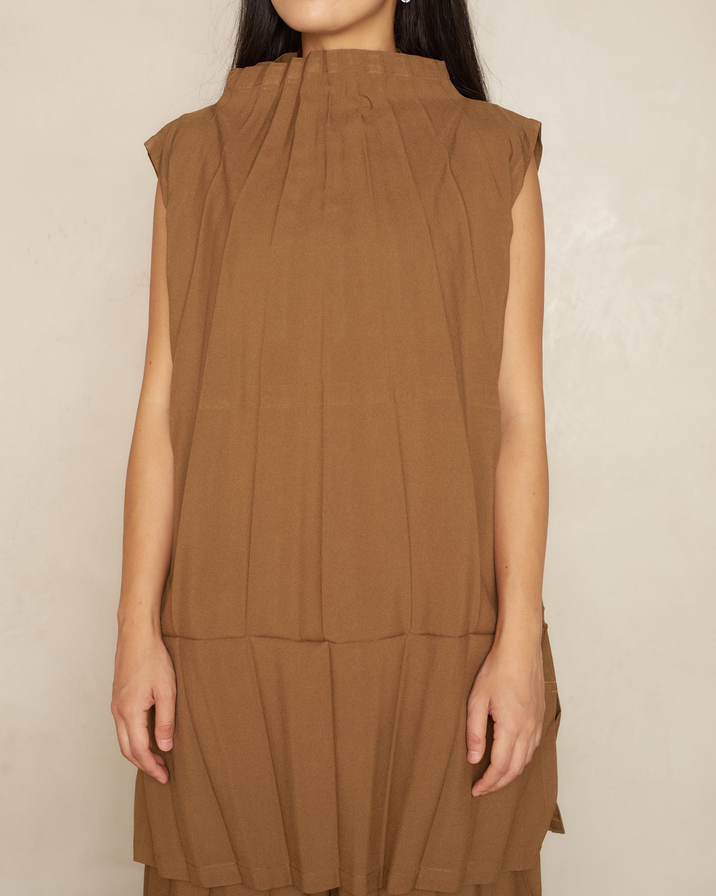 Brown Ripple Pleat High Neck Tunic