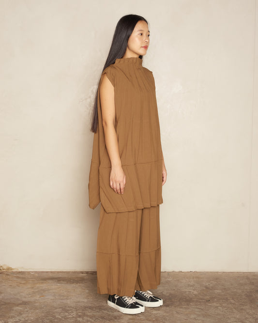Brown Ripple Pleat High Neck Tunic