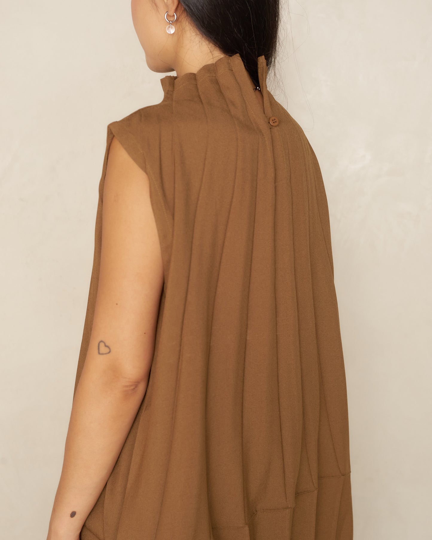 Brown Ripple Pleat High Neck Tunic