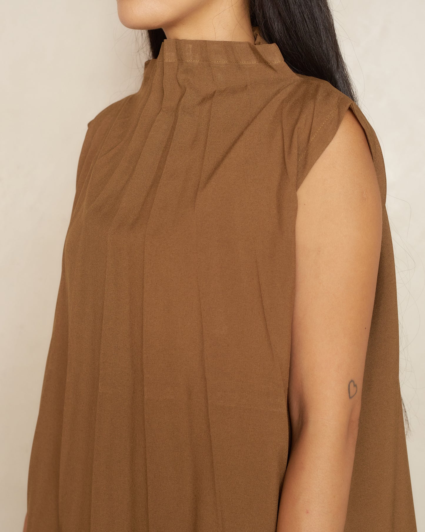 Brown Ripple Pleat High Neck Tunic