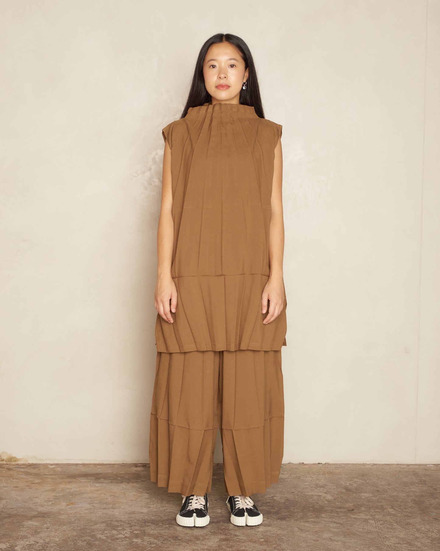 Brown Ripple Pleat High Neck Tunic