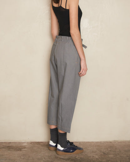 Grey Denim Belted Pleat Pants