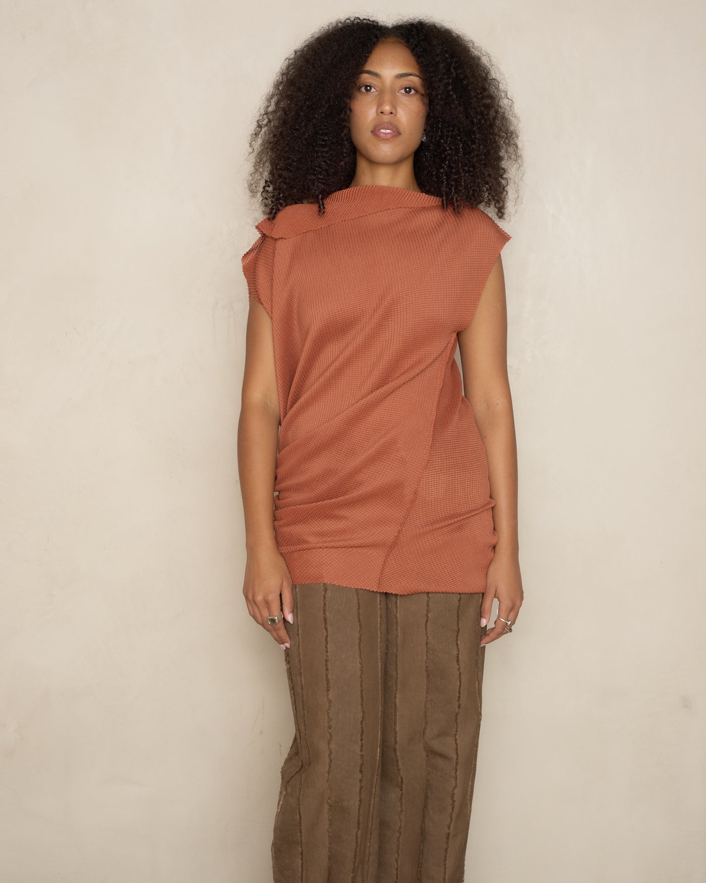 Terracotta Twist Sector Stretch Knit Pleat Top