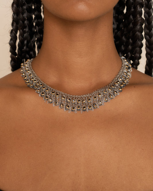 Black Crystal Beads Fringed Necklace
