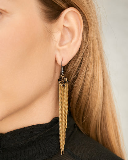 Jet Bead Gold Chain Earrings