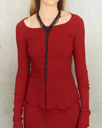 Jet Frayed Poppy Bead Lariat