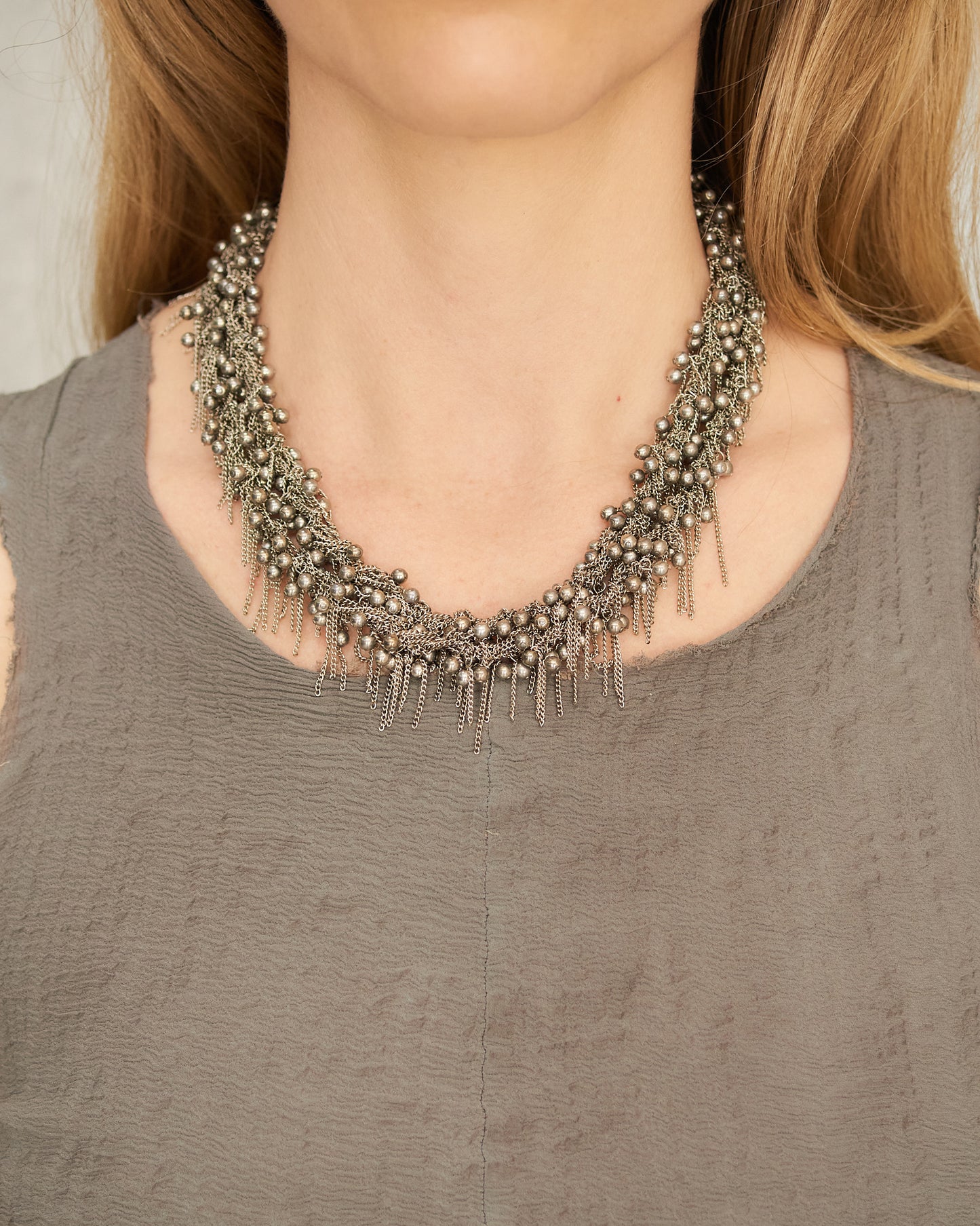 Silver Bead Double Chain Necklace