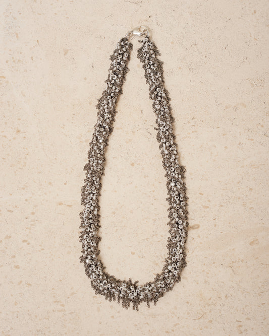 White Glass Bead Frayed Chain Necklace