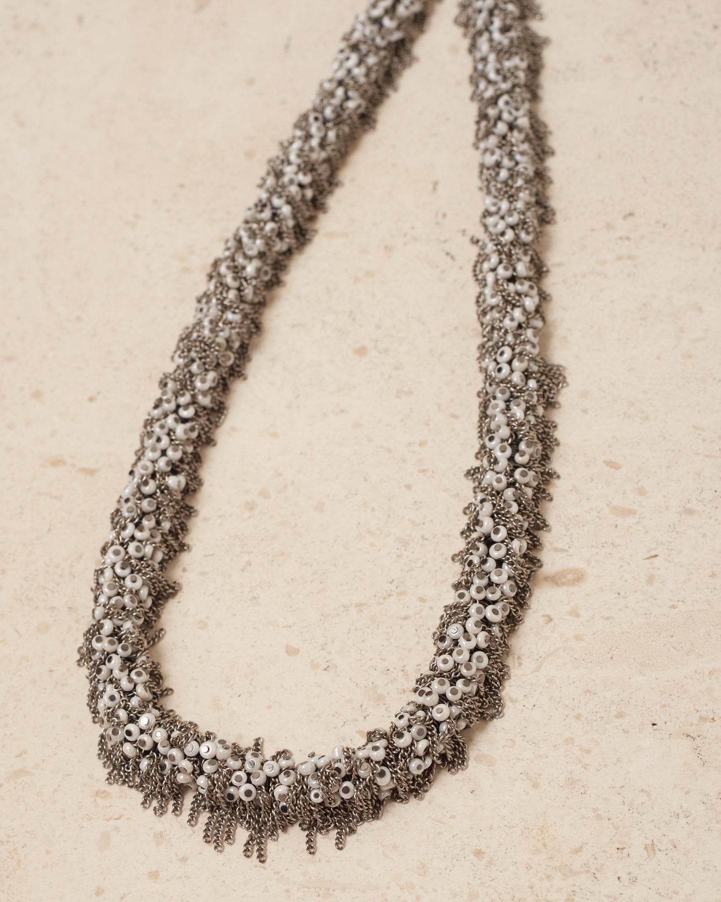 White Glass Bead Frayed Chain Necklace