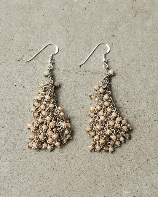 White Glass Bead Knit Earrings
