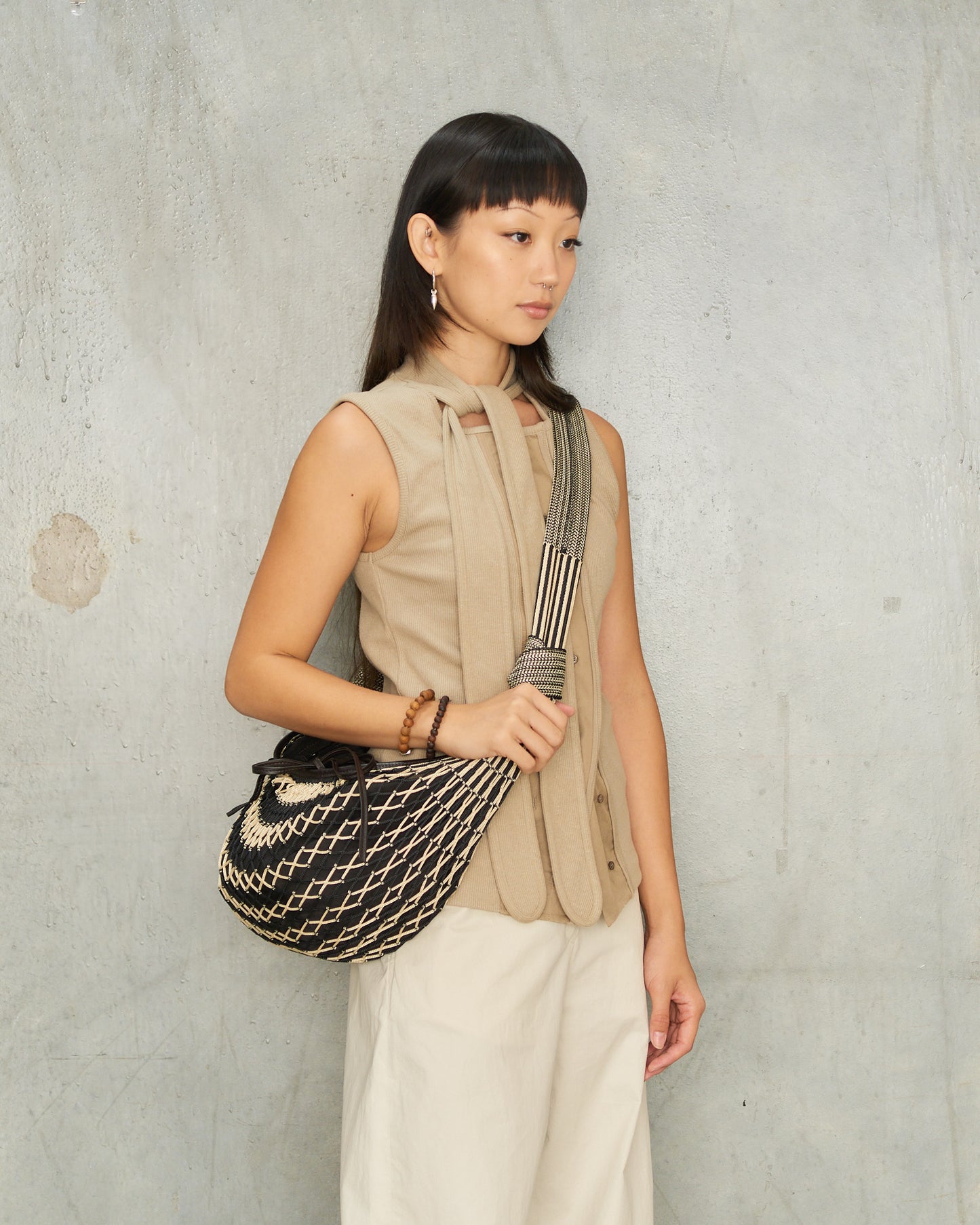 Beige Chevron Croissant Filt Bag