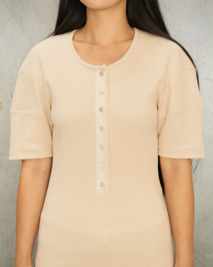 Warm Beige Fitted Henley T-Shirt