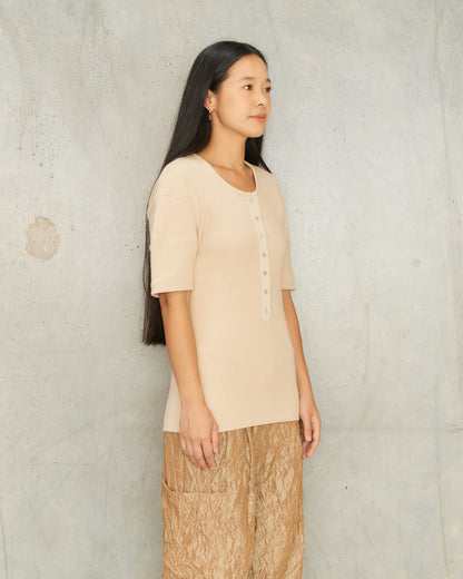 Warm Beige Fitted Henley T-Shirt
