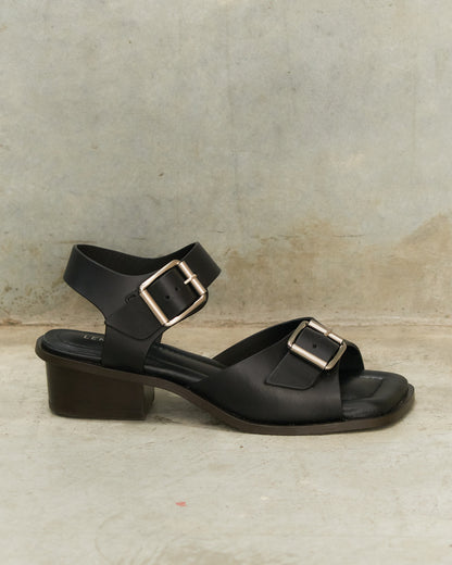 Black Strapped Square Heels
