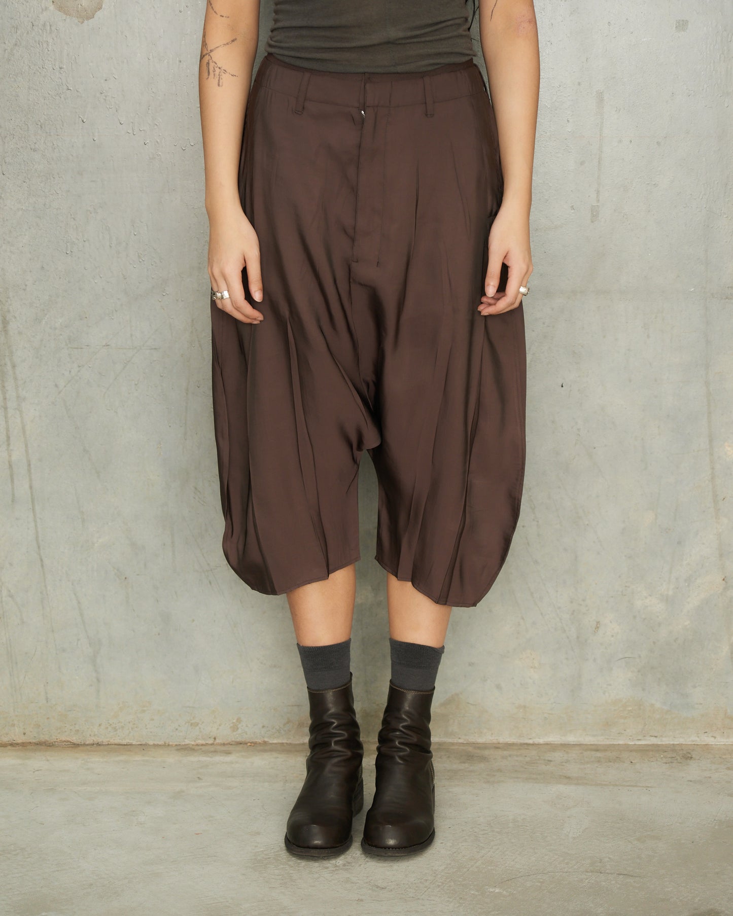 Glossy Brown Dropped Crotch Bermudas