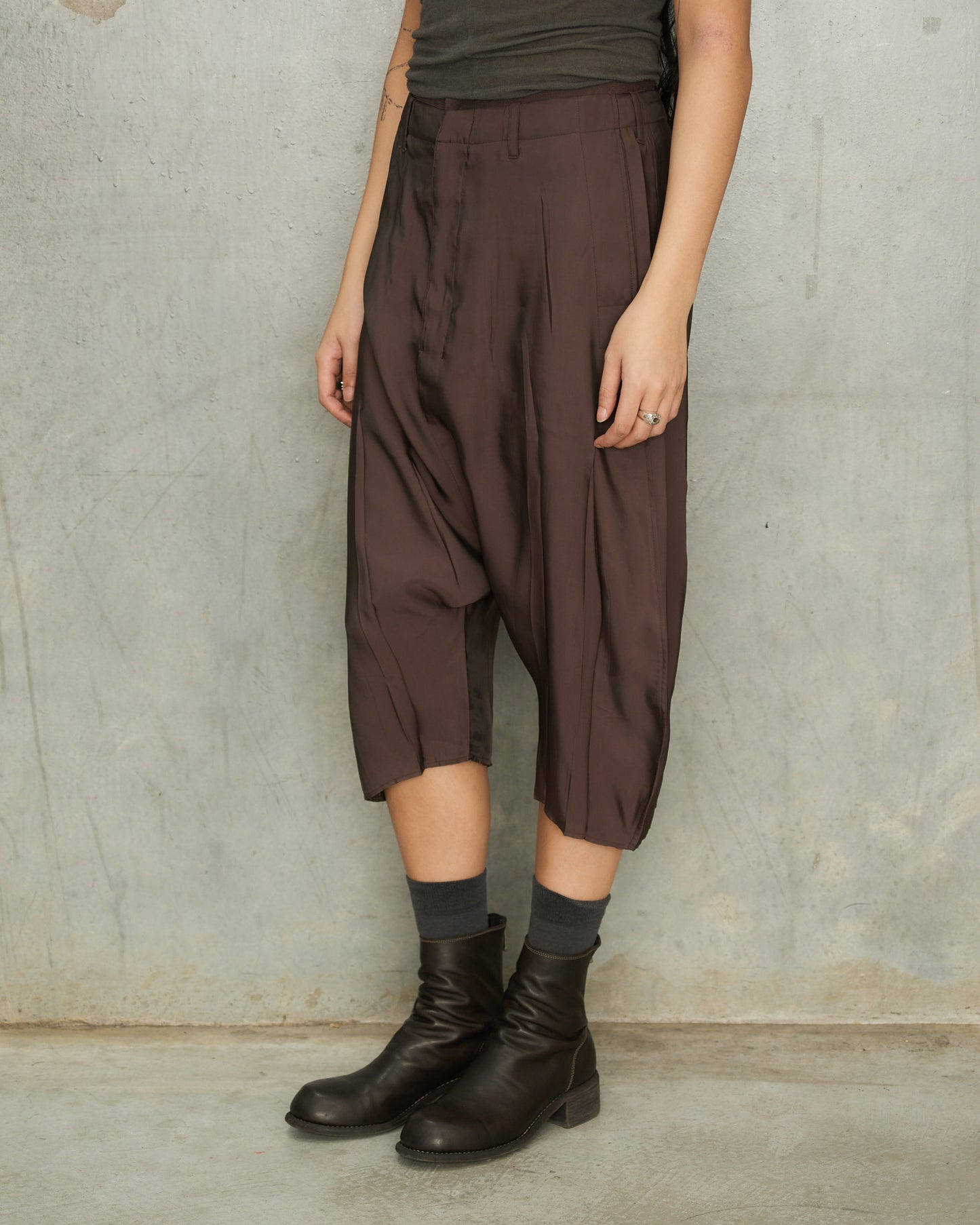 Glossy Brown Dropped Crotch Bermudas