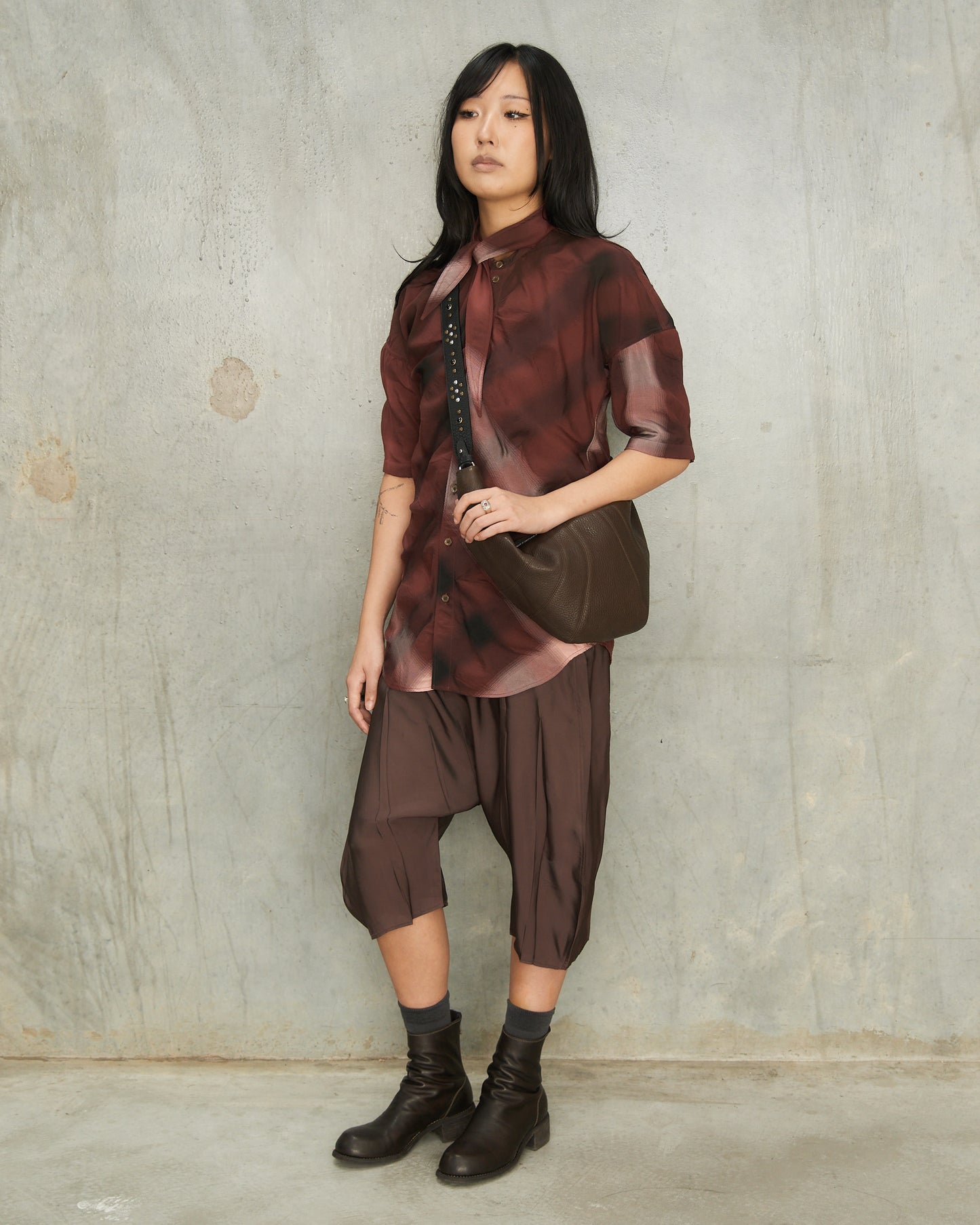 Glossy Brown Dropped Crotch Bermudas