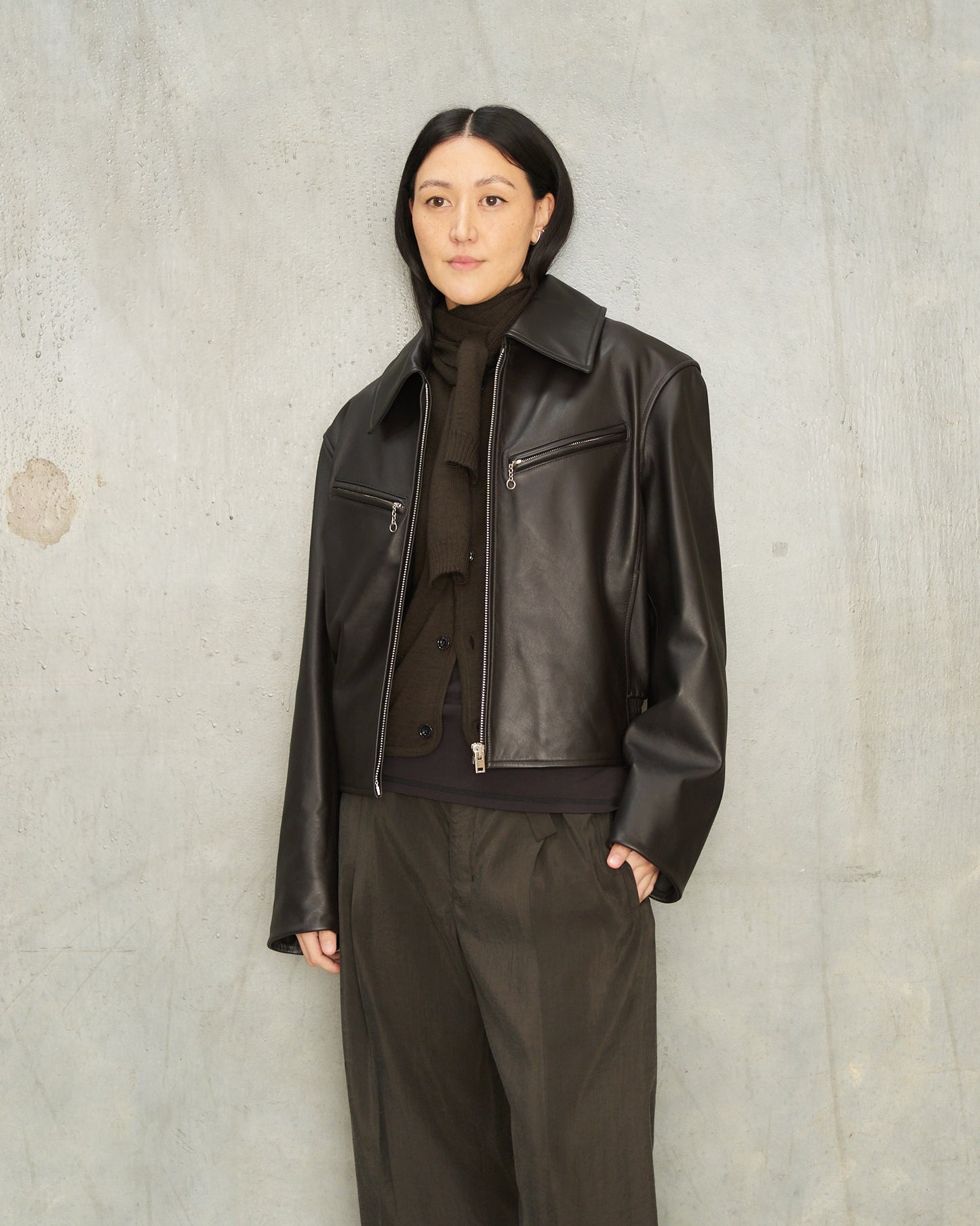 Moka Boxy Leather Jacket