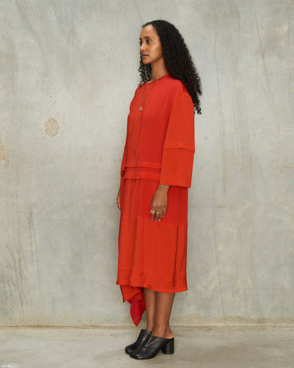 Vermillion Pleated Blouse Dress