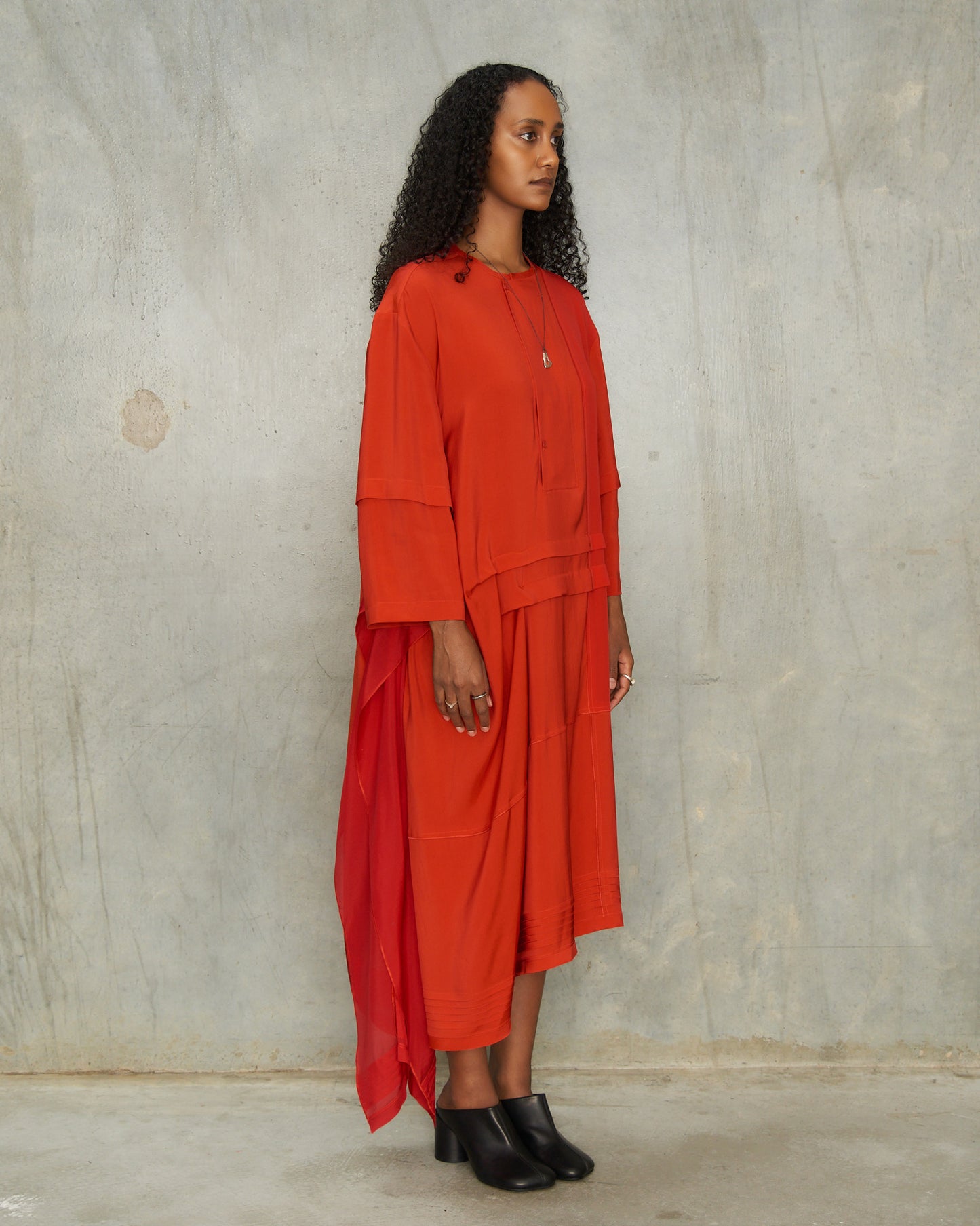 Vermillion Pleated Blouse Dress