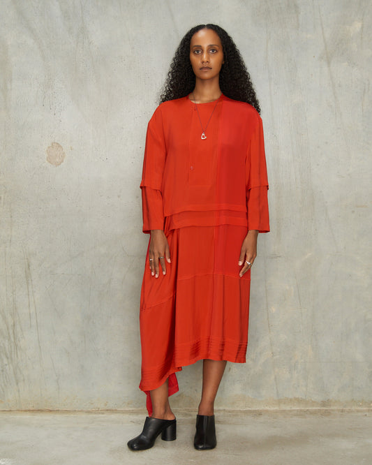 Vermillion Pleated Blouse Dress