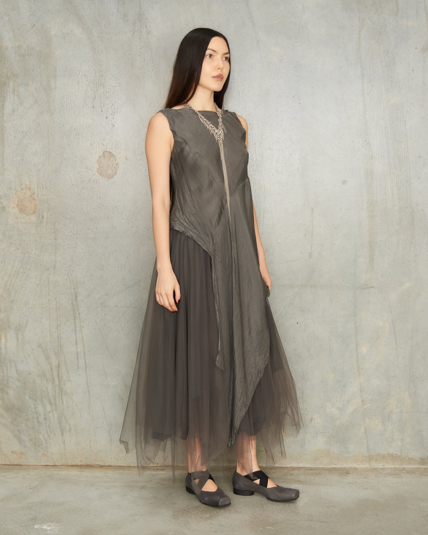 Dusty Grey Silk Asymmetric Tank