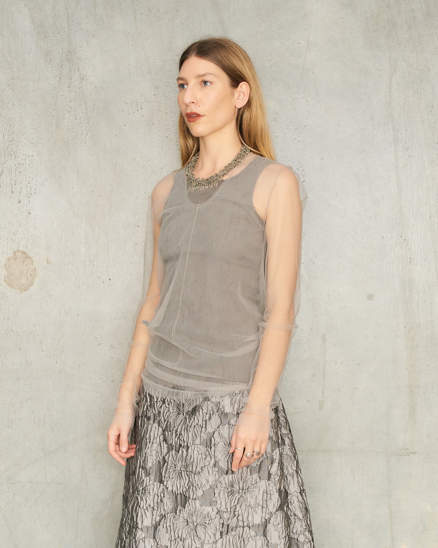 Gris Tulle Long Sleeve Top