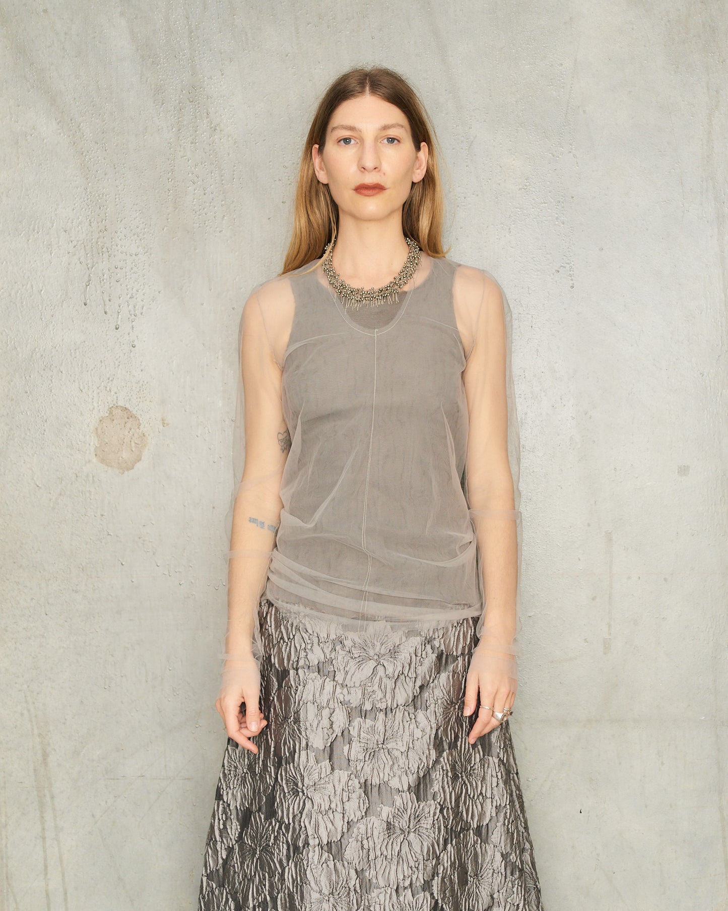 Gris Tulle Long Sleeve Top