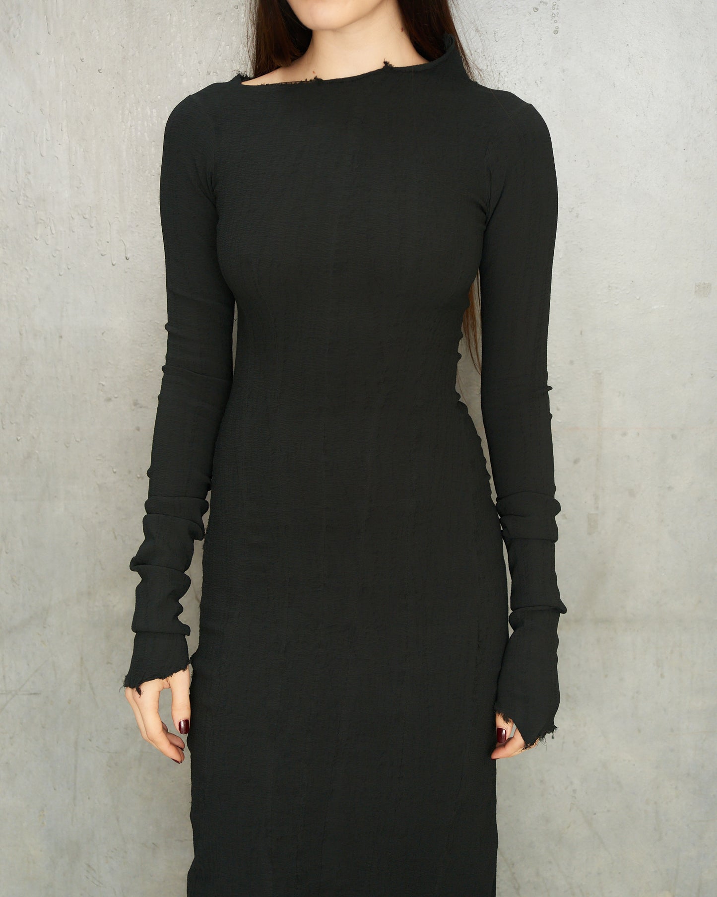 Noir Stretch Asymmetric Long Sleeve Dress
