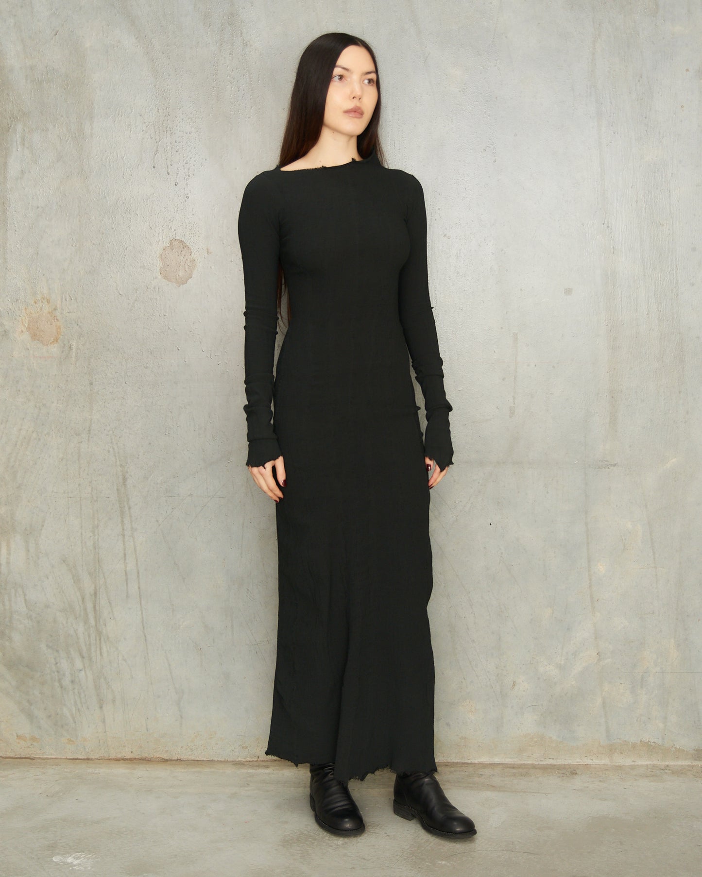 Noir Stretch Asymmetric Long Sleeve Dress