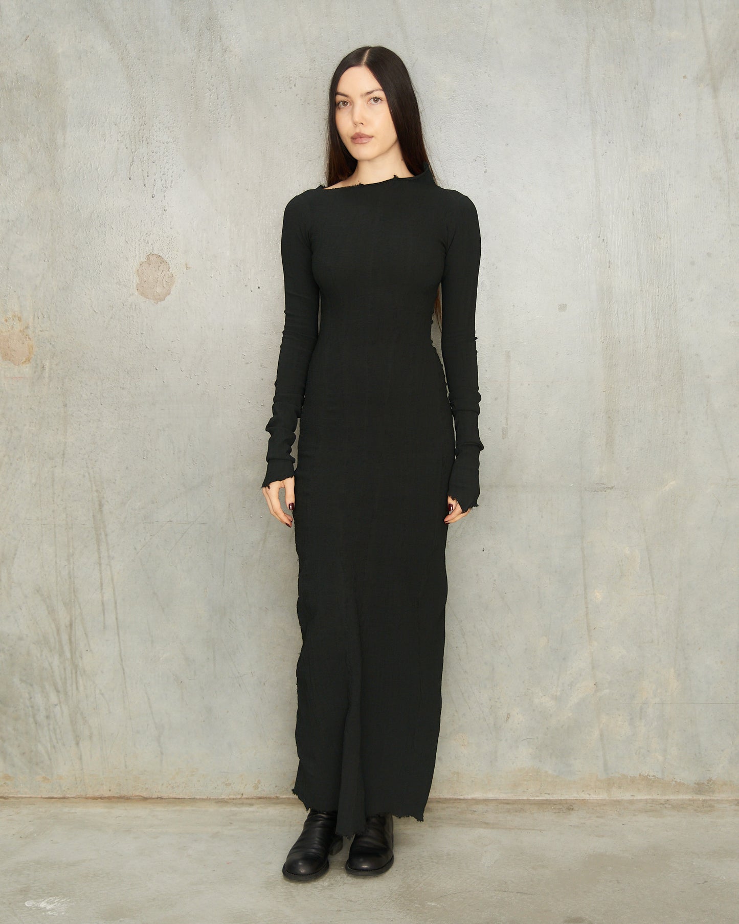 Noir Stretch Asymmetric Long Sleeve Dress