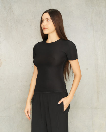 Black Stretch Micropleat T-Shirt