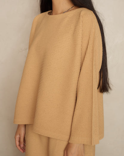 Light Camel Fuwa Fuwa Mesh Pleat Top