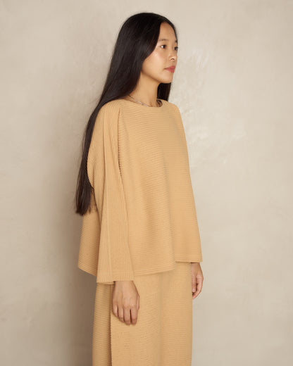 Light Camel Fuwa Fuwa Mesh Pleat Top