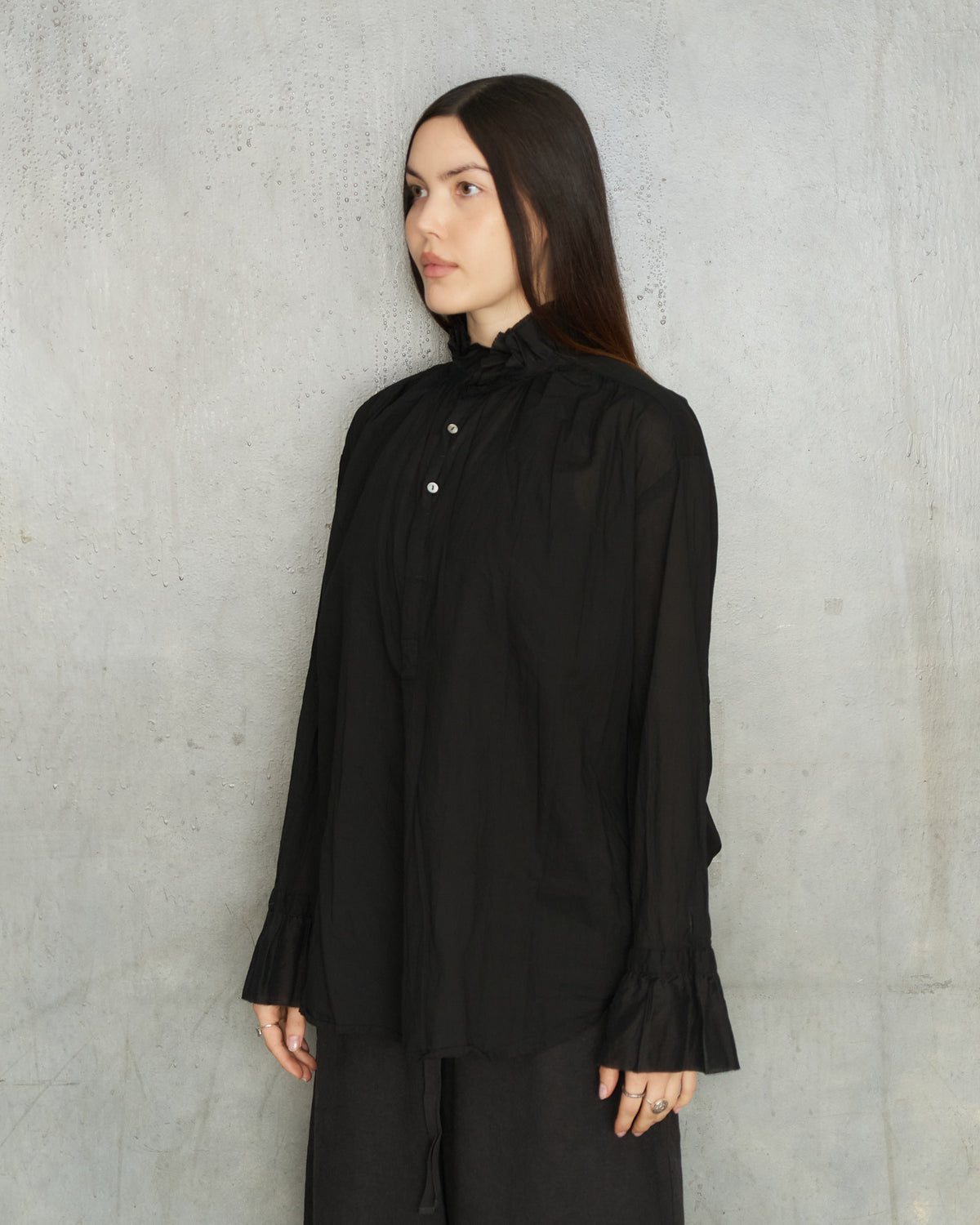 Black Cotton Ruffle Blouse