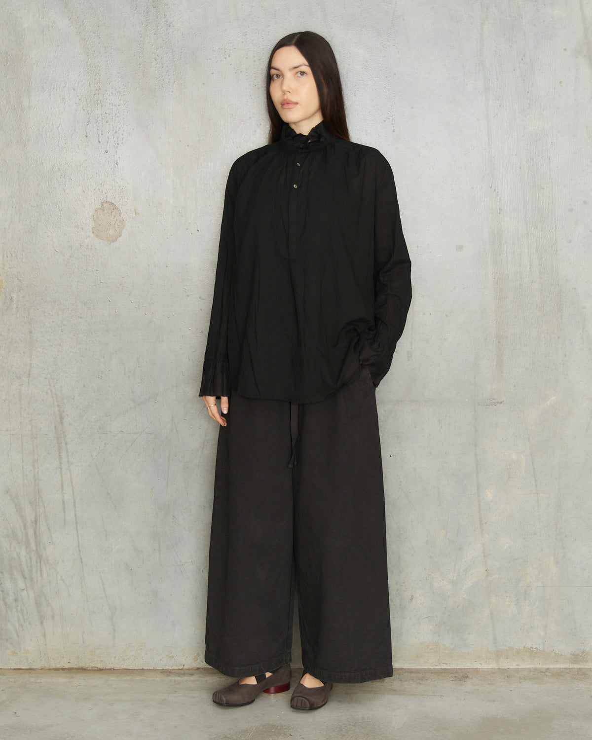 Black Cotton Ruffle Blouse