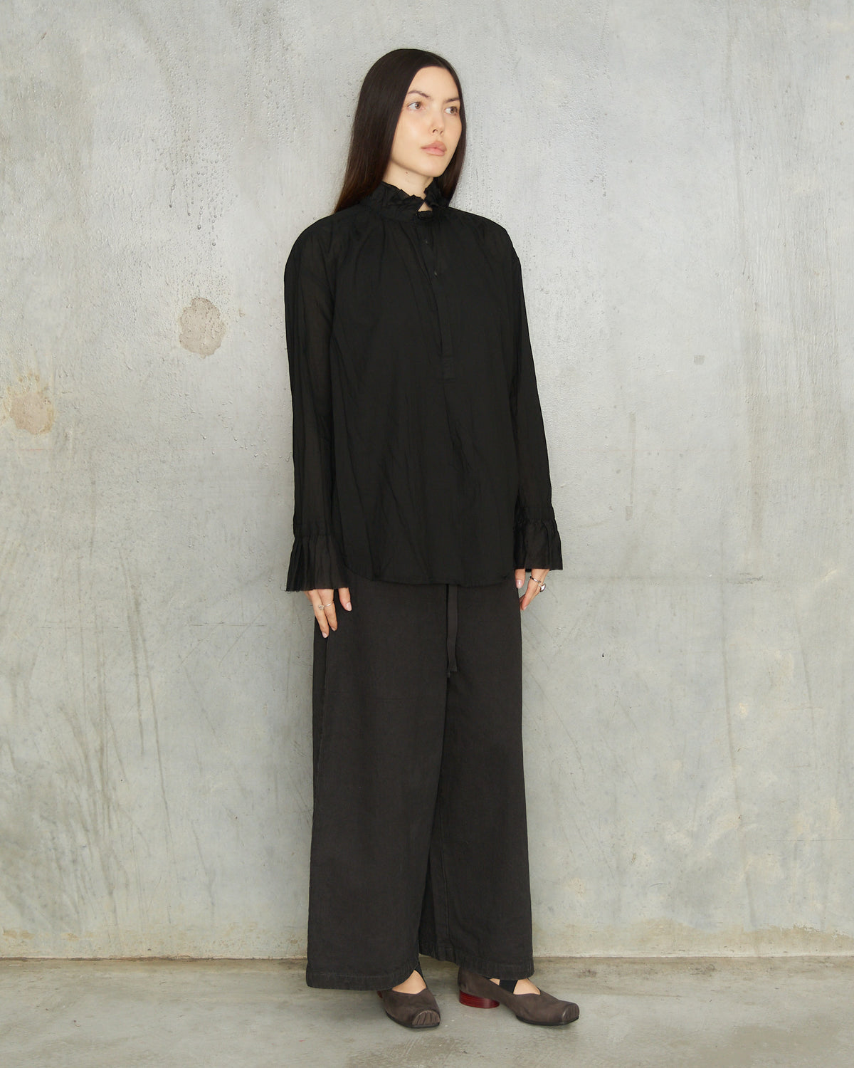 Black Cotton Ruffle Blouse
