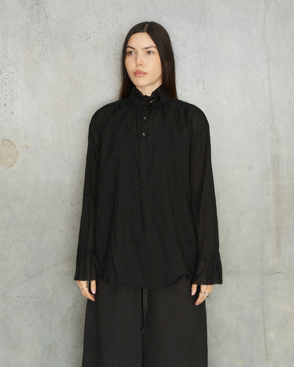 Black Cotton Ruffle Blouse