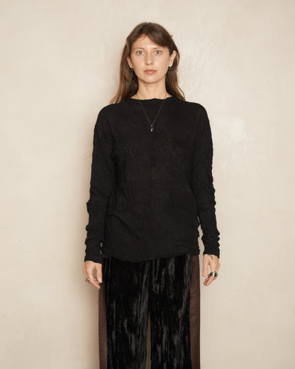 Black Wool Crinkle Long Sleeve Top