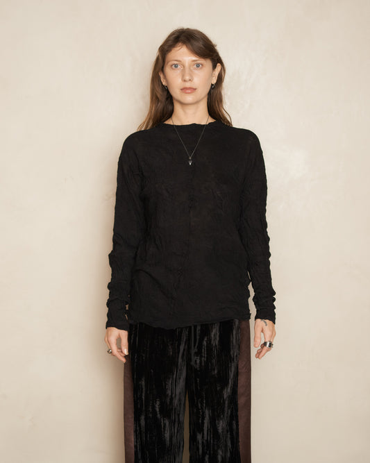 Black Wool Crinkle Long Sleeve Top