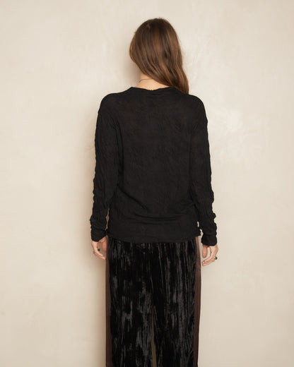 Black Wool Crinkle Long Sleeve Top