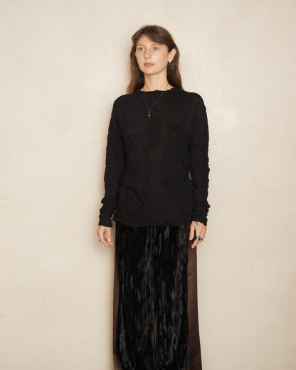 Black Wool Crinkle Long Sleeve Top