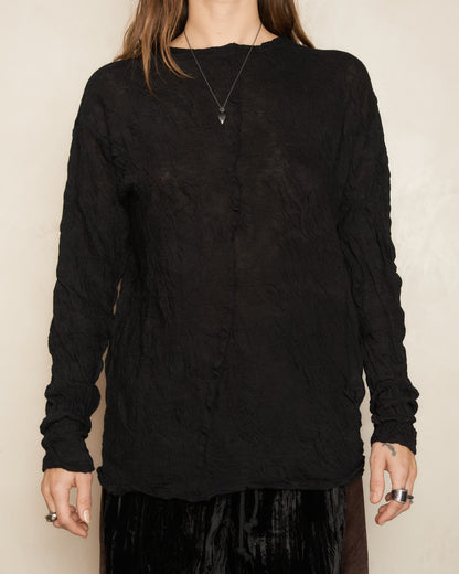 Black Wool Crinkle Long Sleeve Top