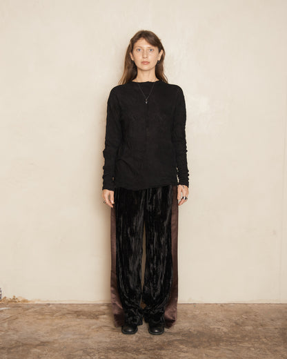 Black Wool Crinkle Long Sleeve Top