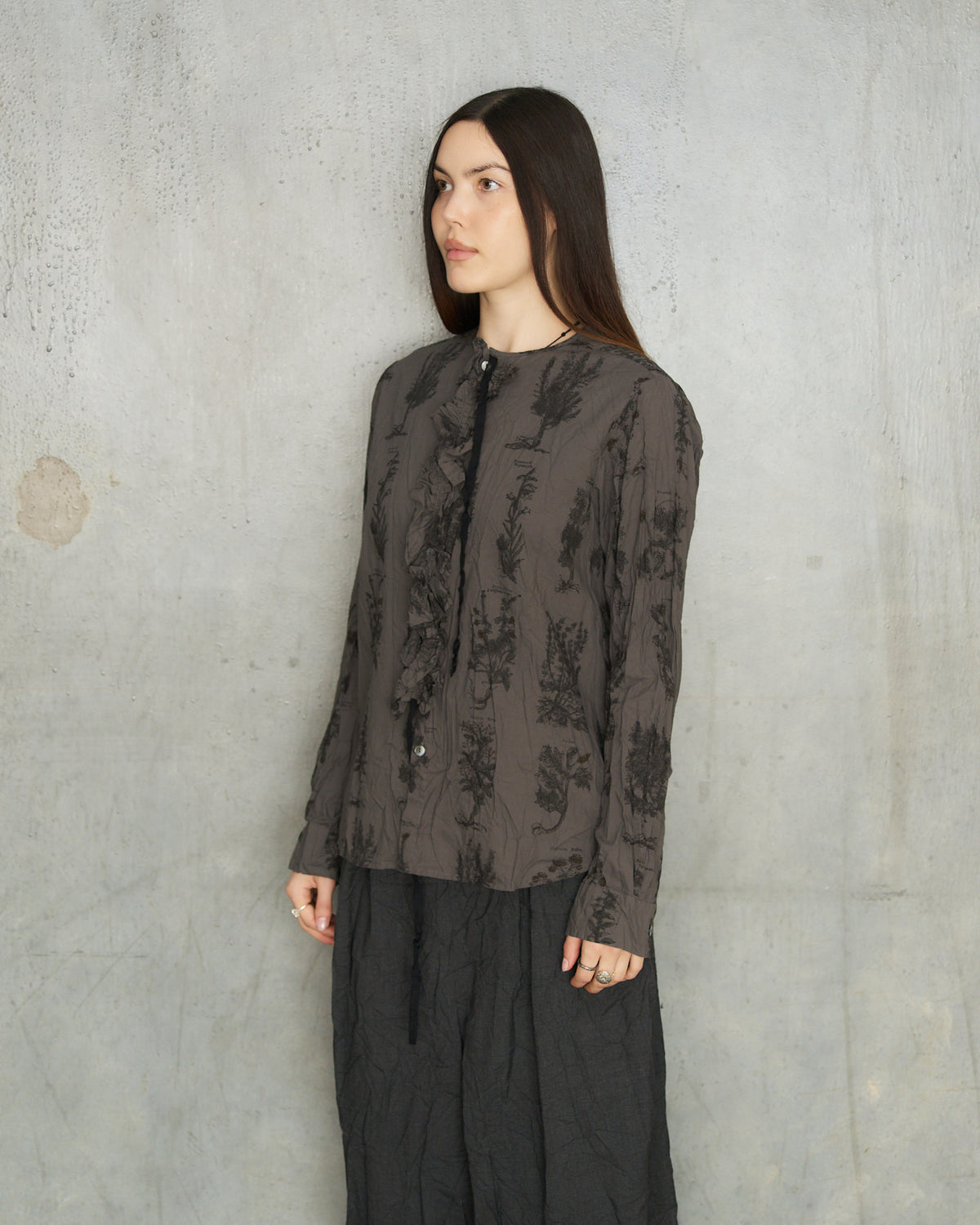 Charcoal Herbal Print Ruffle Shirt