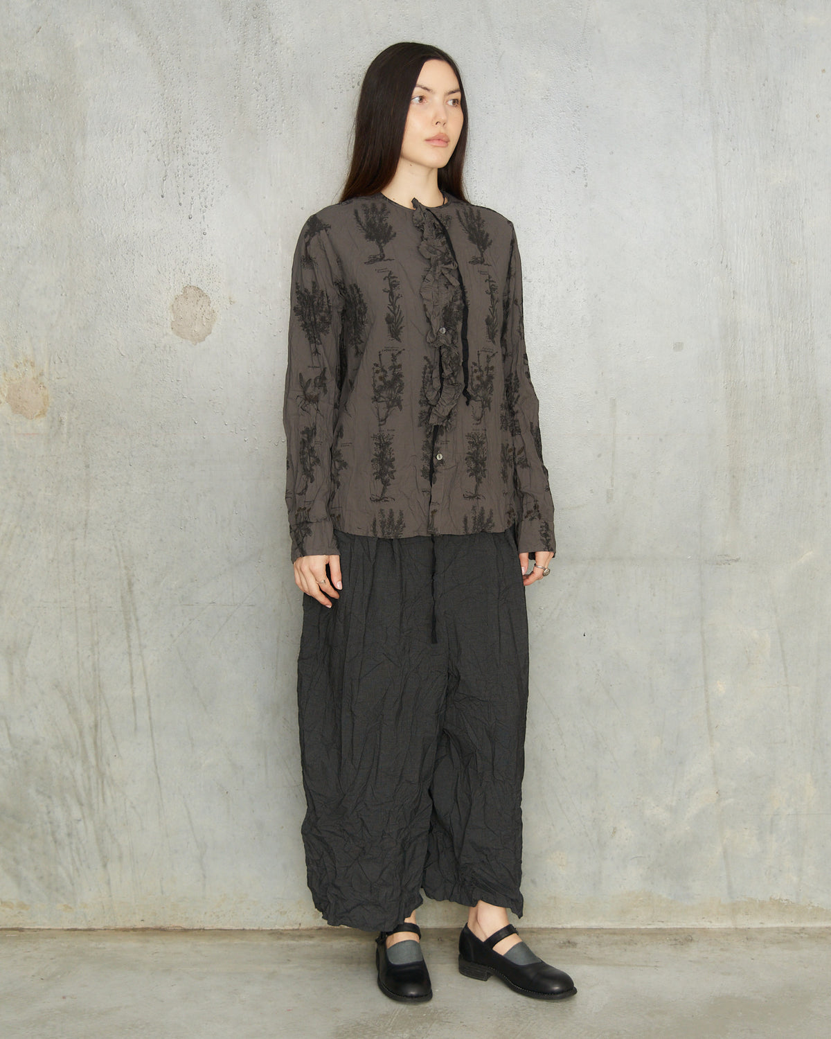 Charcoal Herbal Print Ruffle Shirt