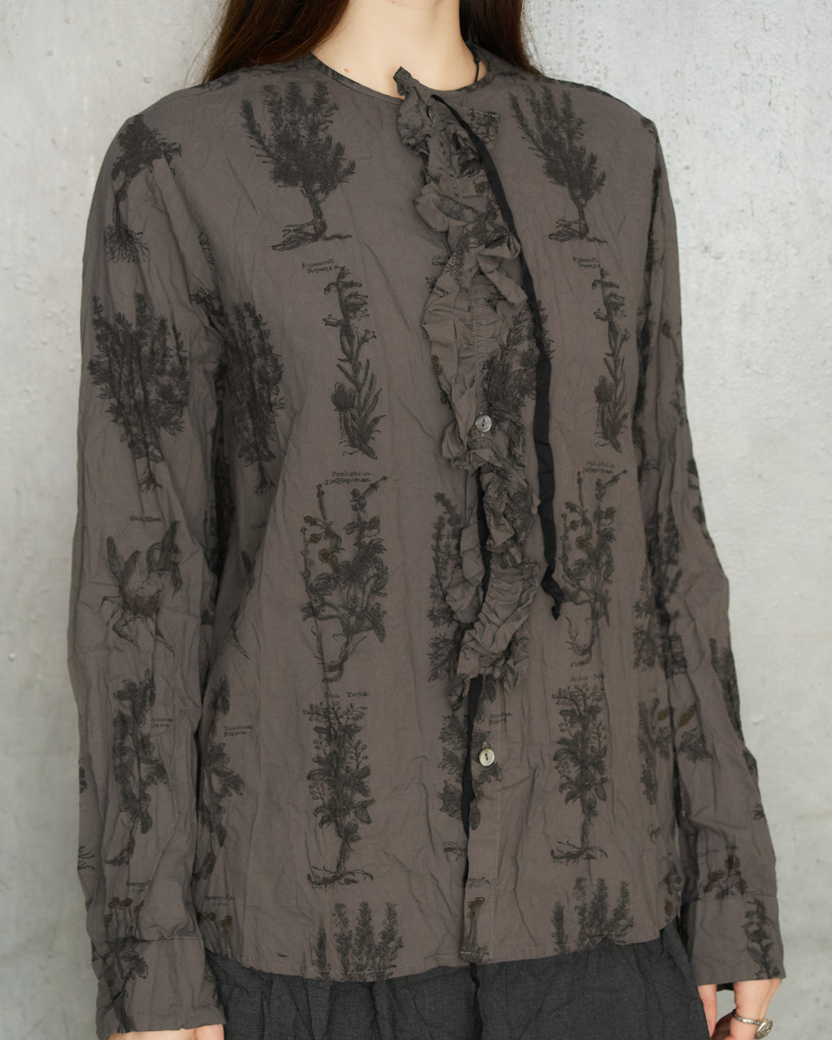Charcoal Herbal Print Ruffle Shirt