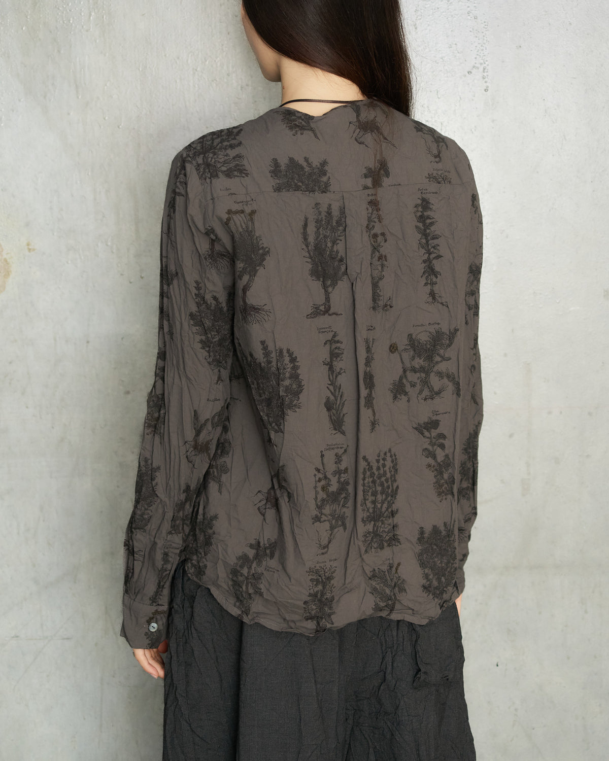 Charcoal Herbal Print Ruffle Shirt