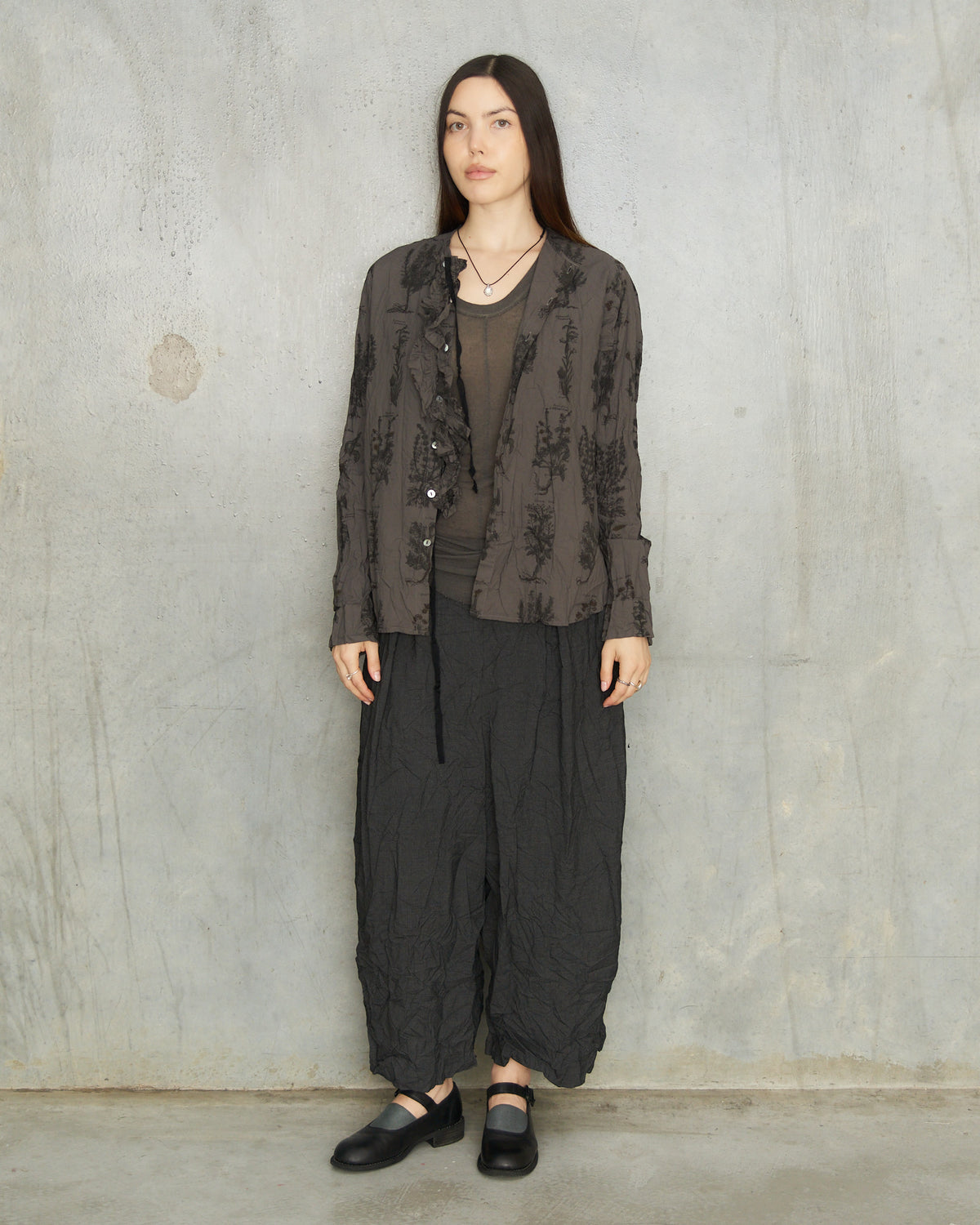 Charcoal Herbal Print Ruffle Shirt